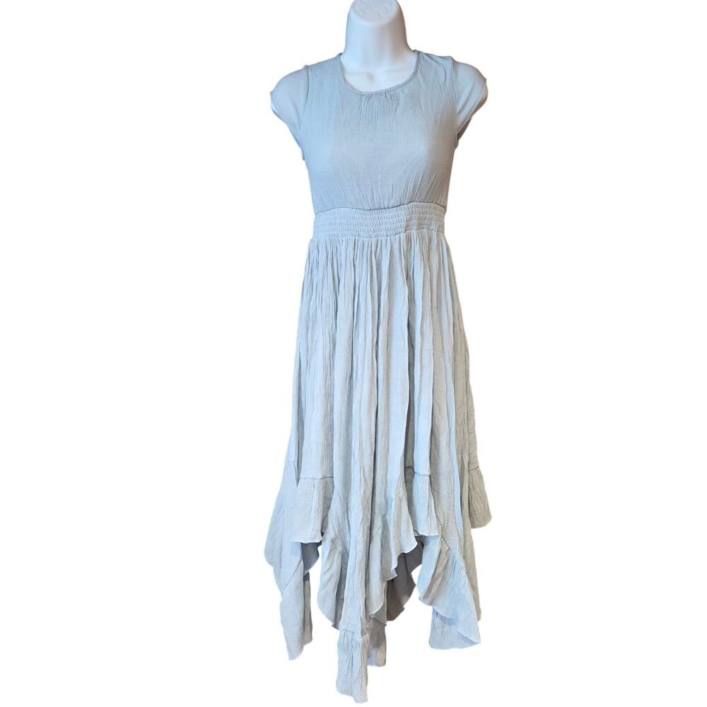Joyfolie light blue Jemma maxi elastic waist ruffle handkerchief hem dress sz 10